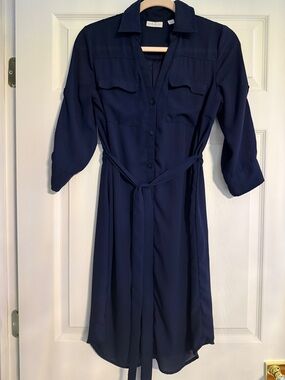 New York & Company Navy Button-Front Shirt Dress with Waist Tie - Small